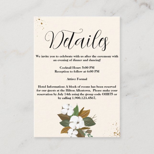 Chic bruna och krämfärgade blommiga bröllopsdetalj tilläggskort (Framsida)