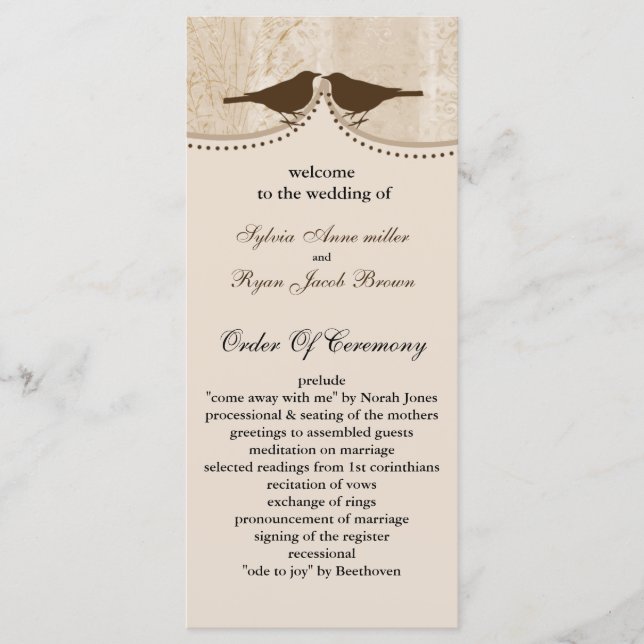 Chic brunfågelburk, love birds bröllopsprogram program (Framsida)