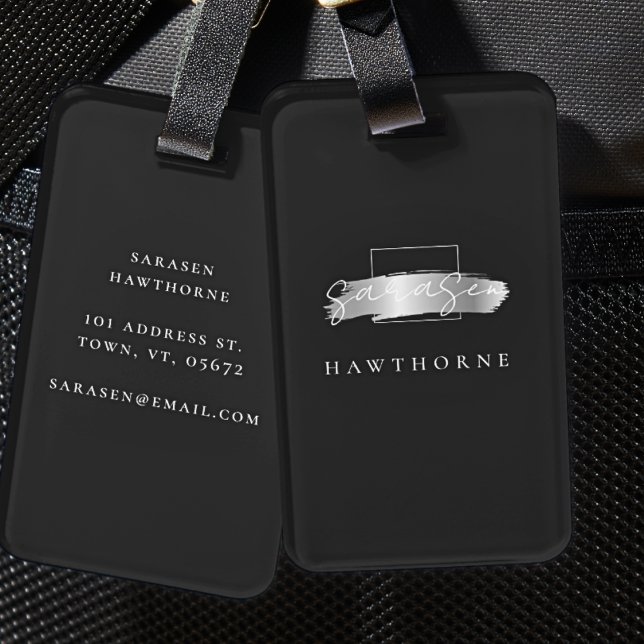 Chic Brush Stroke Black Faux Silver Monogram Bagagebricka (Skapare uppladdad)