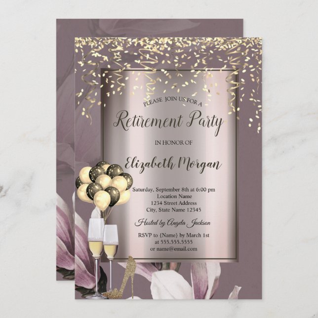 Chic-bubblor,Guld-konfetti-blommor Pension Inbjudningar (Fram/baksida)