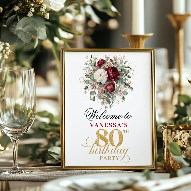 Chic burgunderrosa 80-årsdag 8x10 välkomstskylt poster (Chic burgundy blush 80th birthday 8x10 welcome sign)