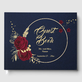 chic burgundi guld blommigt, havsblått bröllop gästböcker