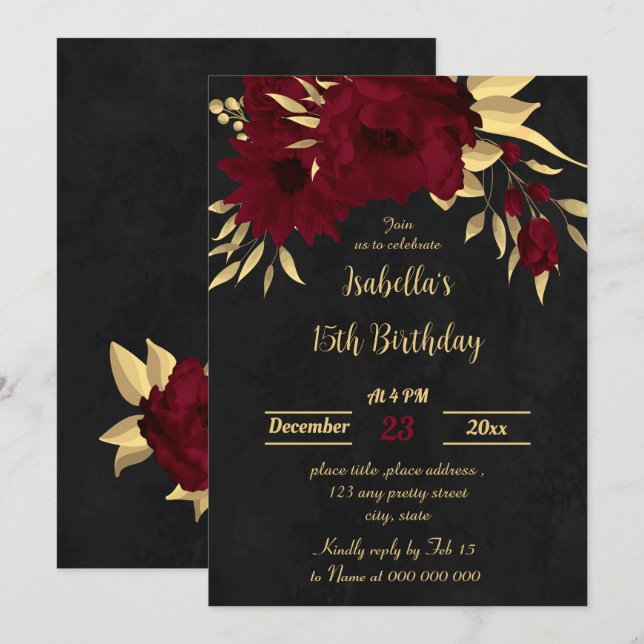 Chic burgundi och guld svart födelsedagsfest inbjudningar (Fram/baksida)