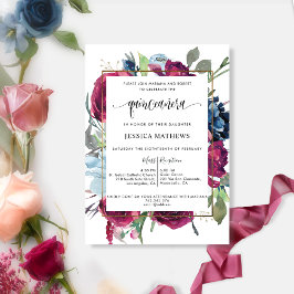 Chic Burgundy, Berry Red Blue Blommigt Quinceañera Inbjudningar
