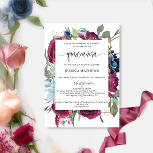 Chic Burgundy, Berry Red Blue Blommigt Quinceañera Inbjudningar