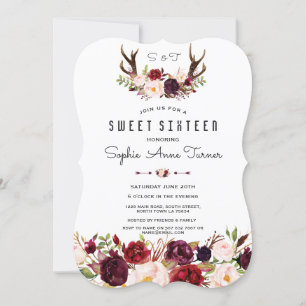 Chic Burgundy Blommigt Antlers Handwrite Sweet 16 Inbjudningar