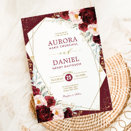 Chic Burgundy  Blommigt Guld Geometric Bröllop Inbjudningar