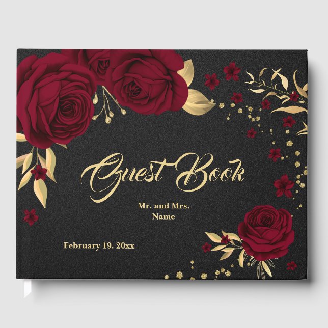 chic burgundy blommigt guld löv svart gäst bok (Framsida)