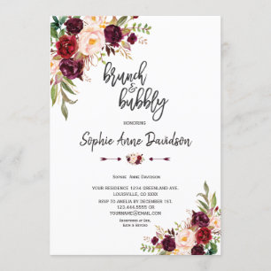 Chic Burgundy Blommigt Handskrift Brunch och Bubly Inbjudningar