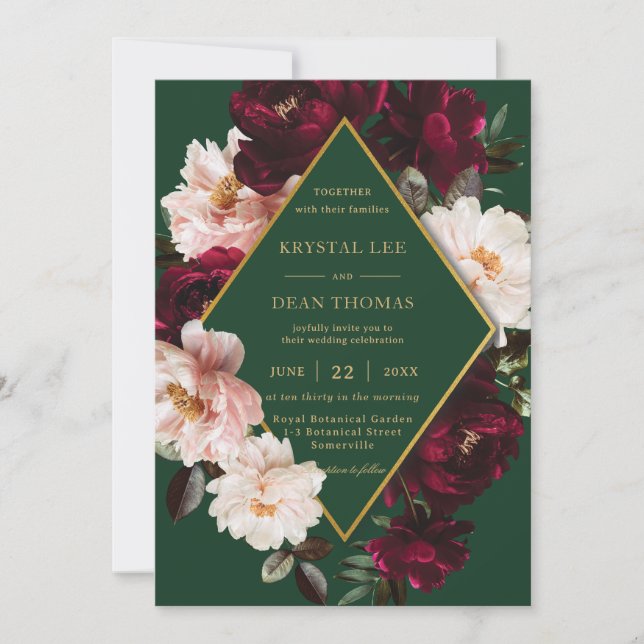Chic Burgundy  Blommigt Peonies Emerald Bröllop Inbjudningar (Framsida)