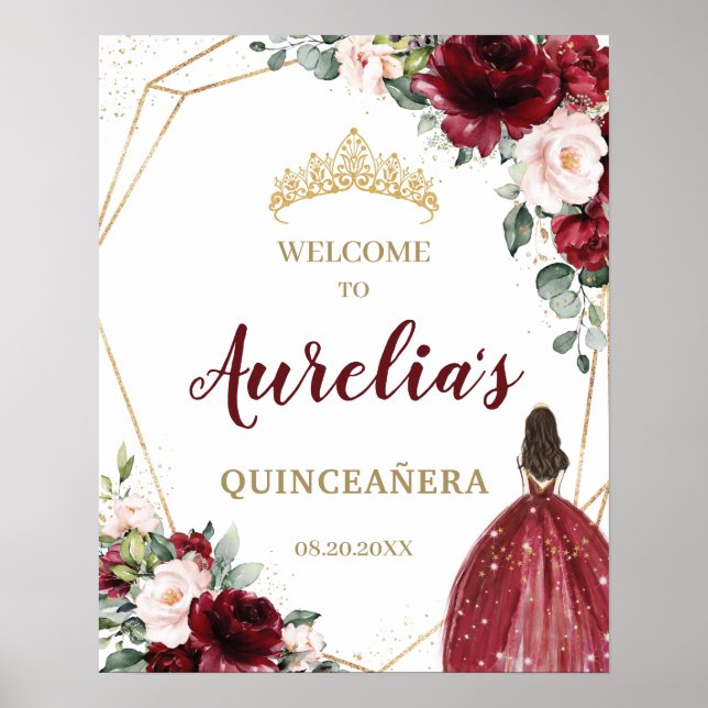 Chic Burgundy  Blommigt Quinceañera Välkommen Poster (Framsidan)
