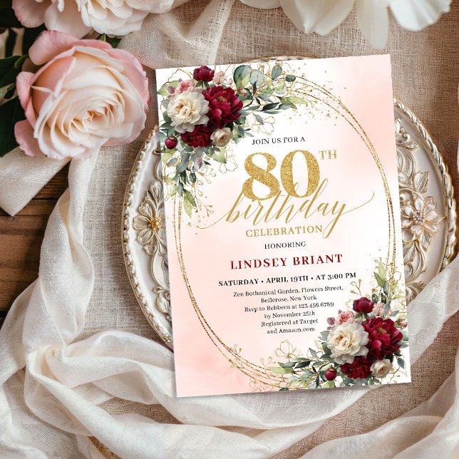 Chic Burgundy Blush Floral 80th Birthday Invites Inbjudningar (Chic Burgundy Blush Floral 80th Birthday Invitation)