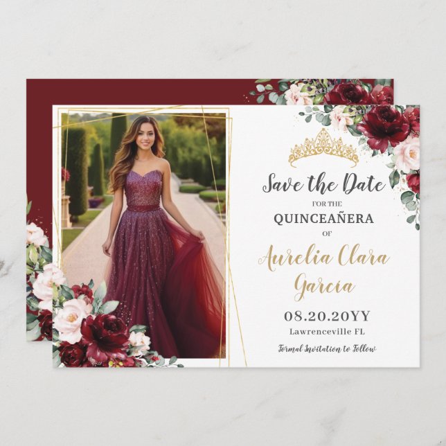 Chic Burgundy Blush Pink Floral Quinceanera Photo Spara Datumet (Fram/baksida)