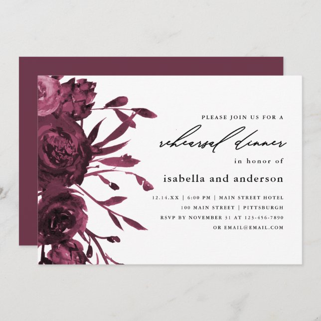 Chic Burgundy Botanical Bröllop Rehearsal Middag Inbjudningar (Fram/baksida)