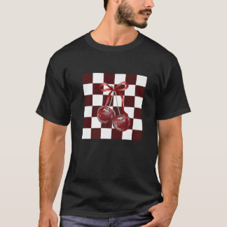 Chic Burgundy Checkated Mönster Coquette Bow Mörk T Shirt