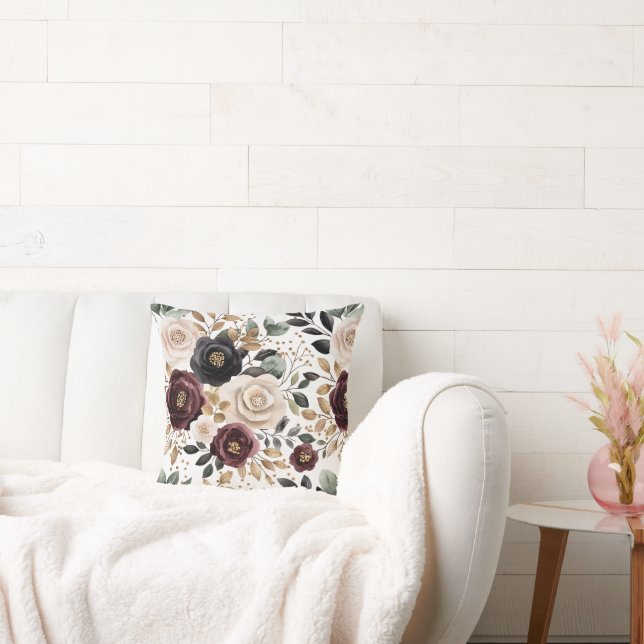 Chic Burgundy Cream Blommigt Kudde (Soffa)