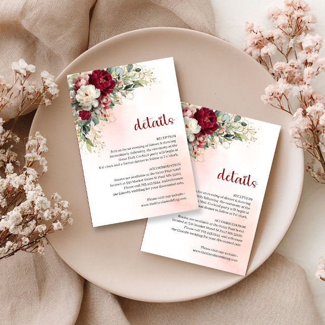 Chic Burgundy Floral Greenery Gold Wedding Details Tilläggskort (Chic Burgundy Floral Greenery Gold Wedding Details)
