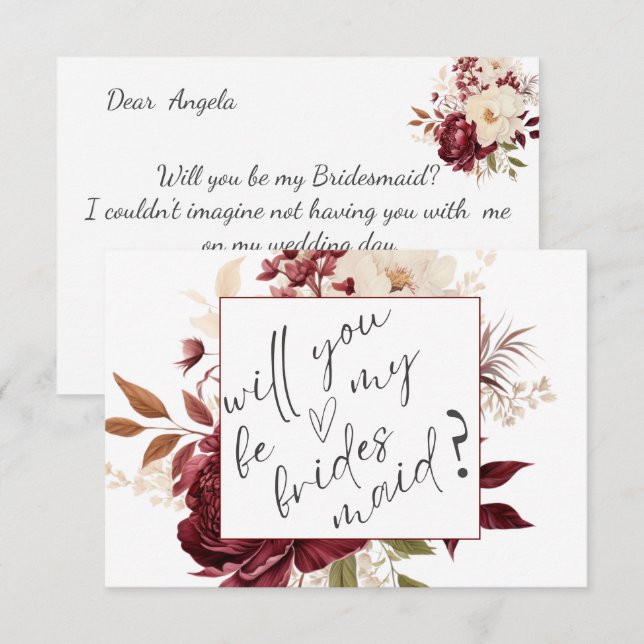 Chic Burgundy Flowers Bridesmaid Card Inbjudningar (Fram/baksida)
