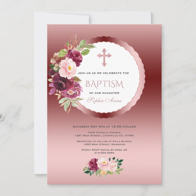 Chic Burgundy Flowers Girl 1st Birthday & Baptism Inbjudningar (Framsida)