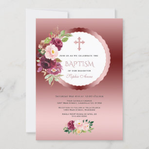 Chic Burgundy Flowers Girl 1st Birthday & Baptism Inbjudningar