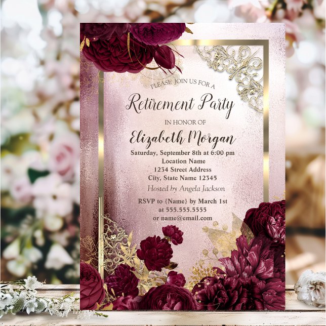 Chic Burgundy Flowers Guld Ram Pension Inbjudningar (Skapare uppladdad)