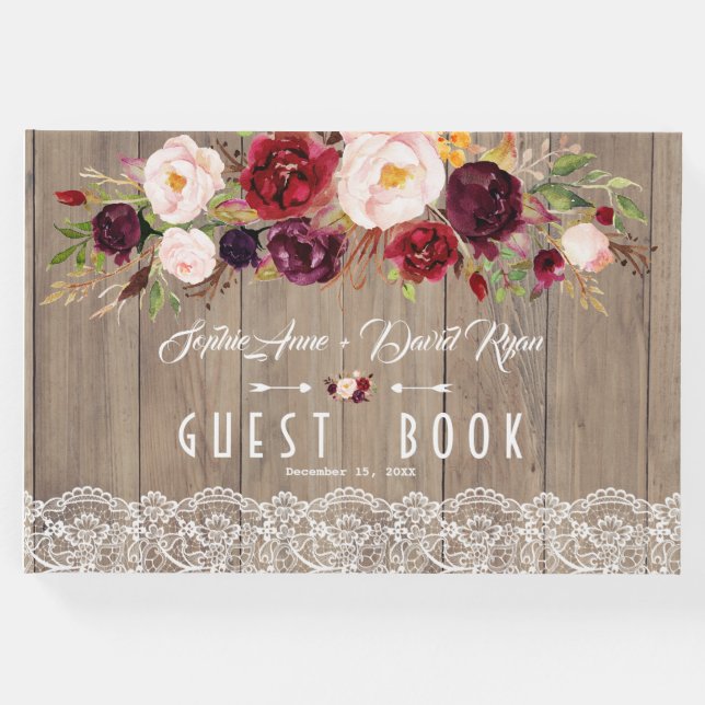Chic Burgundy  Flowers Snöre Wood Bröllop Gästböcker (Framsida)