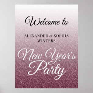 Chic Burgundy Glitter New Years Party Välkommen Poster