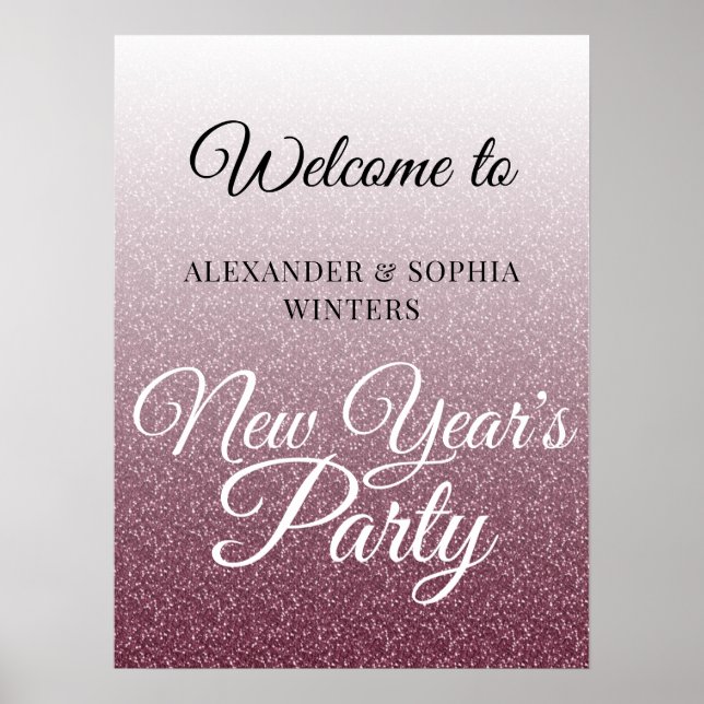 Chic Burgundy Glitter New Years Party Välkommen Poster (Framsidan)