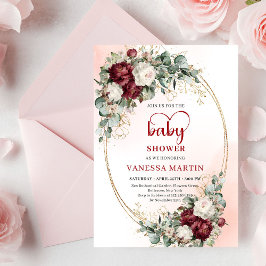 Chic Burgundy Gold Heart-Shaped Font Baby Shower  Inbjudningar