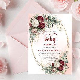 Chic Burgundy Gold Heart-Shaped Font Baby Shower  Inbjudningar