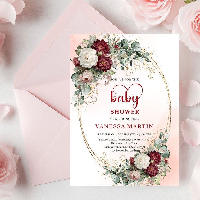 Chic Burgundy Gold Heart-Shaped Font Baby Shower  Inbjudningar (Chic Burgundy Gold Heart-Shaped Font Baby Shower Invitation)