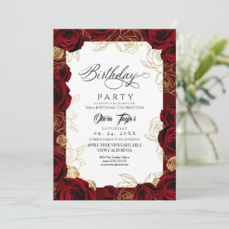 Chic Burgundy Gold Rose Birthday Invitation Inbjudningar