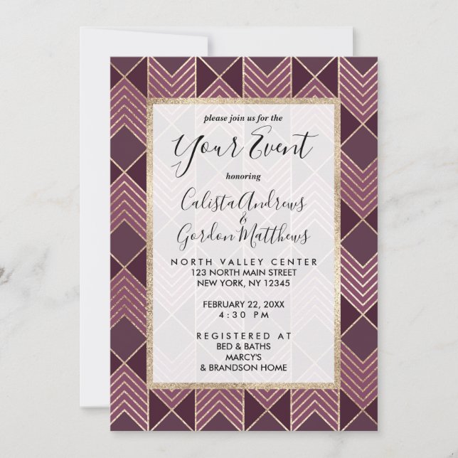 Chic Burgundy Guld Arrowhad Chevron Geometric Inbjudningar (Framsida)
