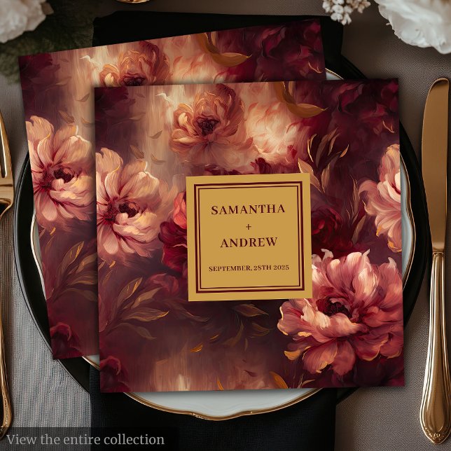 Chic  Burgundy Guld Blommigt Bröllop Napkins Pappersservett (Chic Blush Burgundy Gold Floral Wedding Napkins)