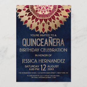 Chic Burgundy Guld Blommigt Mandala Quinceañera Inbjudningar