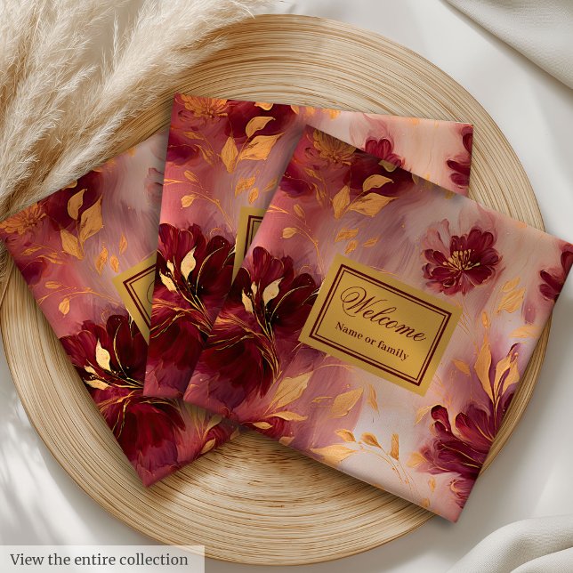 Chic  Burgundy Guld Blommigt Trasa Napkins Pappersservett (Chic Blush Burgundy Gold Floral Cloth Napkins Custom)
