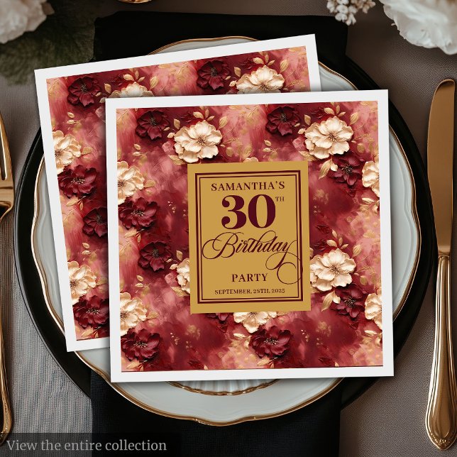 Chic  Burgundy Guld Boho 30års födelsedag Party Pappersservett (Chic Blush Burgundy Gold Boho 30th Birthday Party Napkins)