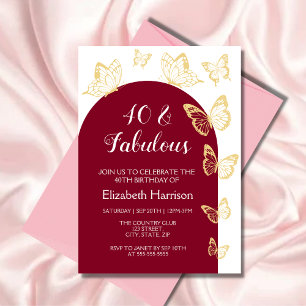 Chic Burgundy Guld Butterflies Fabulous Birthday Inbjudningar
