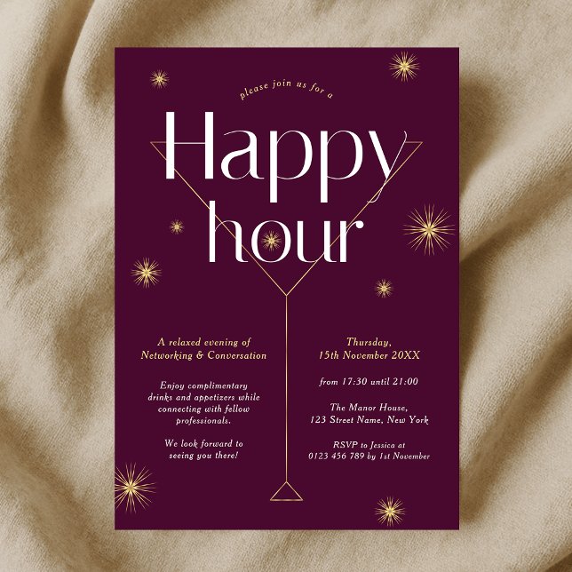 Chic Burgundy & Guld Company Networking Lycklig Inbjudningar (Modern burgundy and gold company cocktail party happy hour event invitation)