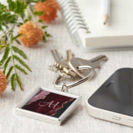 Chic Burgundy Guld Glitter Agate Anpassningsbar Mo Fyrkantig Silverfärgad Nyckelring