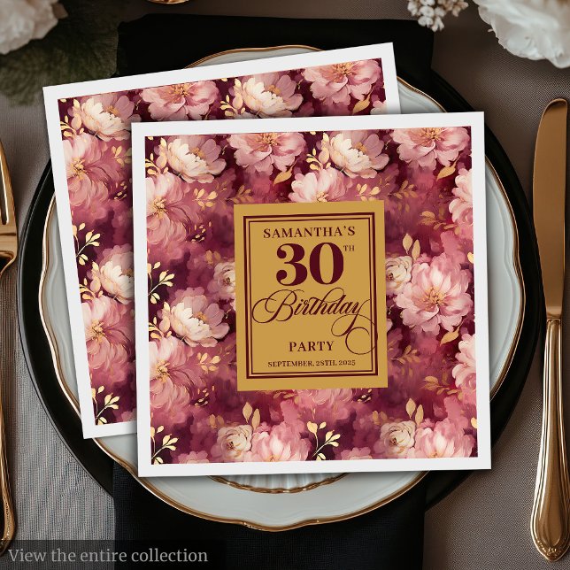 Chic Burgundy  Guld Watercolor 30års födelsedag Pappersservett (Chic Burgundy Blush Gold Watercolor 30th Birthday Napkins)
