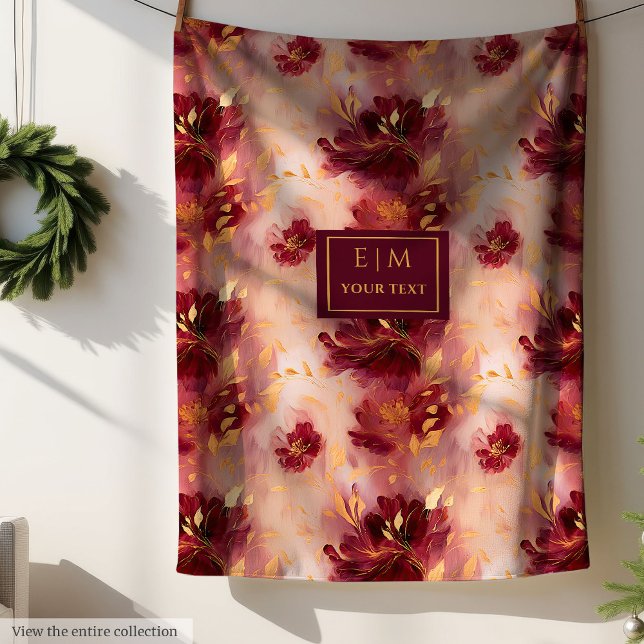 Chic  Burgundy Guld Watercolor Boho Anpassningsbar Fleecefilt (Chic Blush Burgundy Gold Watercolor Boho Custom Fleece Blanket )