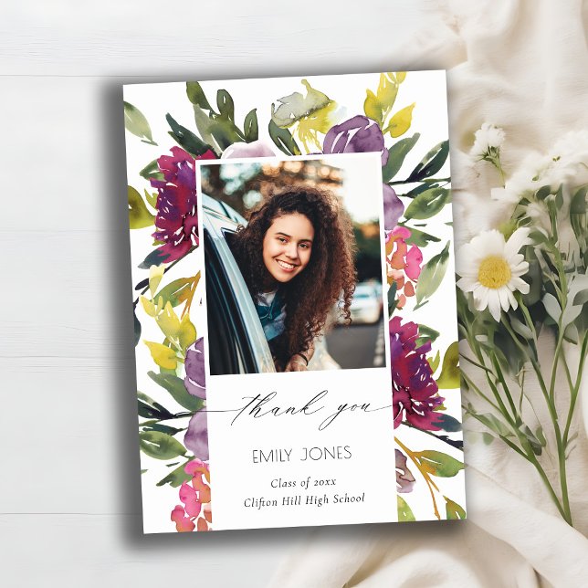 Chic Burgundy Gult Rosa Blommigt Photo Studenten Tack Kort (Skapare uppladdad)