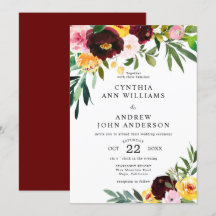 Chic Burgundy Gult Watercolor Blommigt Bröllop