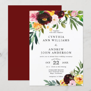Chic Burgundy Gult Watercolor Blommigt Bröllop Inbjudningar