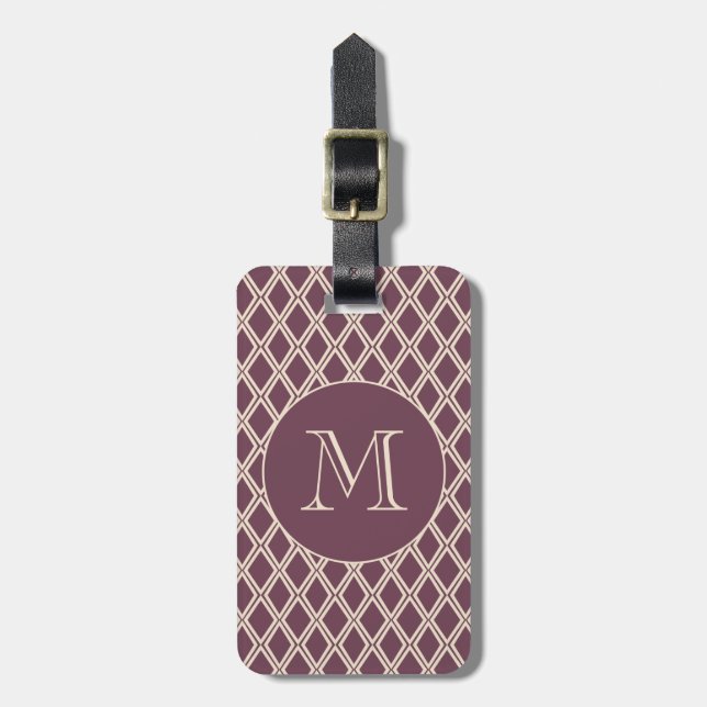 Chic Burgundy Ivory Diamond Mönster Monogram Bagagebricka (Vertikal Framsida)