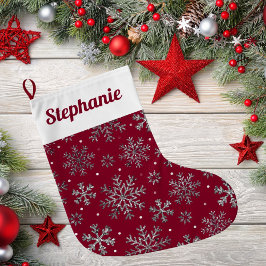 Chic Burgundy jul med Elegant Snöflingor Stor Julstrumpa