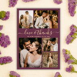 Chic Burgundy Kärlek och Tack Bröllop Tack Vykort<br><div class="desc">Elegant, Minimalistiskt Burgundy och Guld Script Bröllop 5 Photo Collage Tack Postcard. Modern bröllop tackar dig för att du har en kortmall med fem (5) foto på framsidan och ett (1) foto på baksidan. Med texten "Kärlek och tack" i ett snabbt skrivet typsnitt för typografi i guld på vin röda...</div>