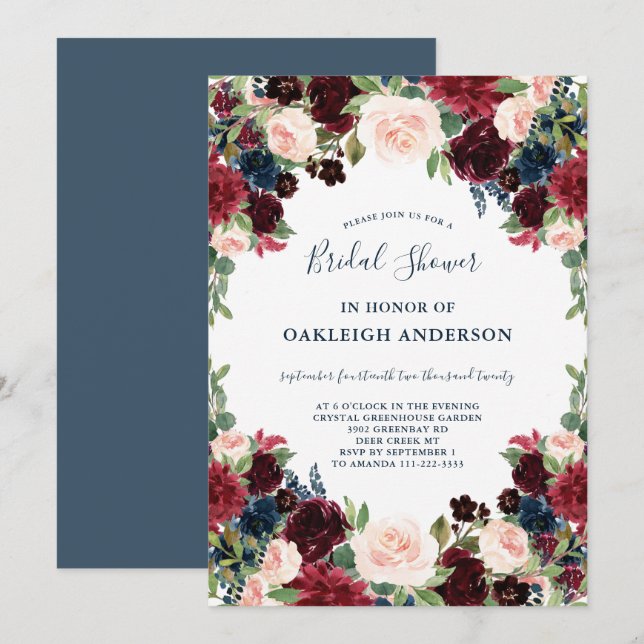 Chic Burgundy, marin och Rosa Blommigt Möhippa Inbjudningar (Fram/baksida)