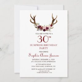 Chic Burgundy Marsala Blommigt Antlers 50:e födels Inbjudningar
